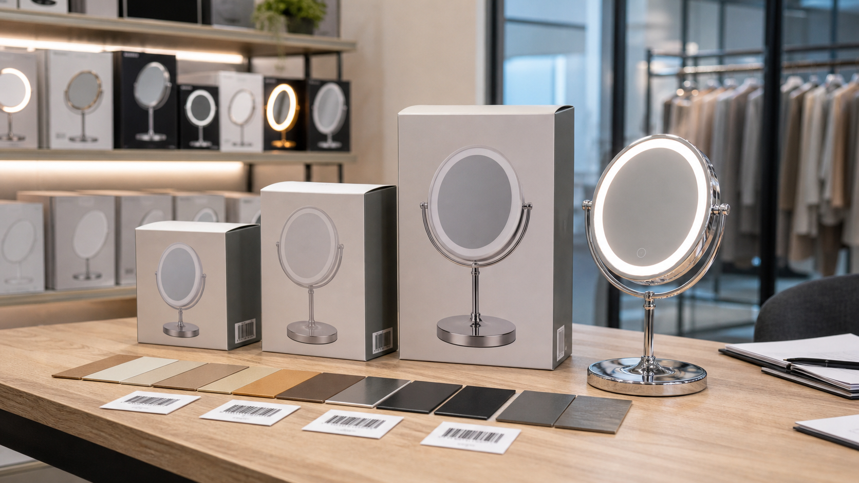LED makeup mirror retail assortment planning with complete illuminated sample retail boxes color swatches and showroom shelf