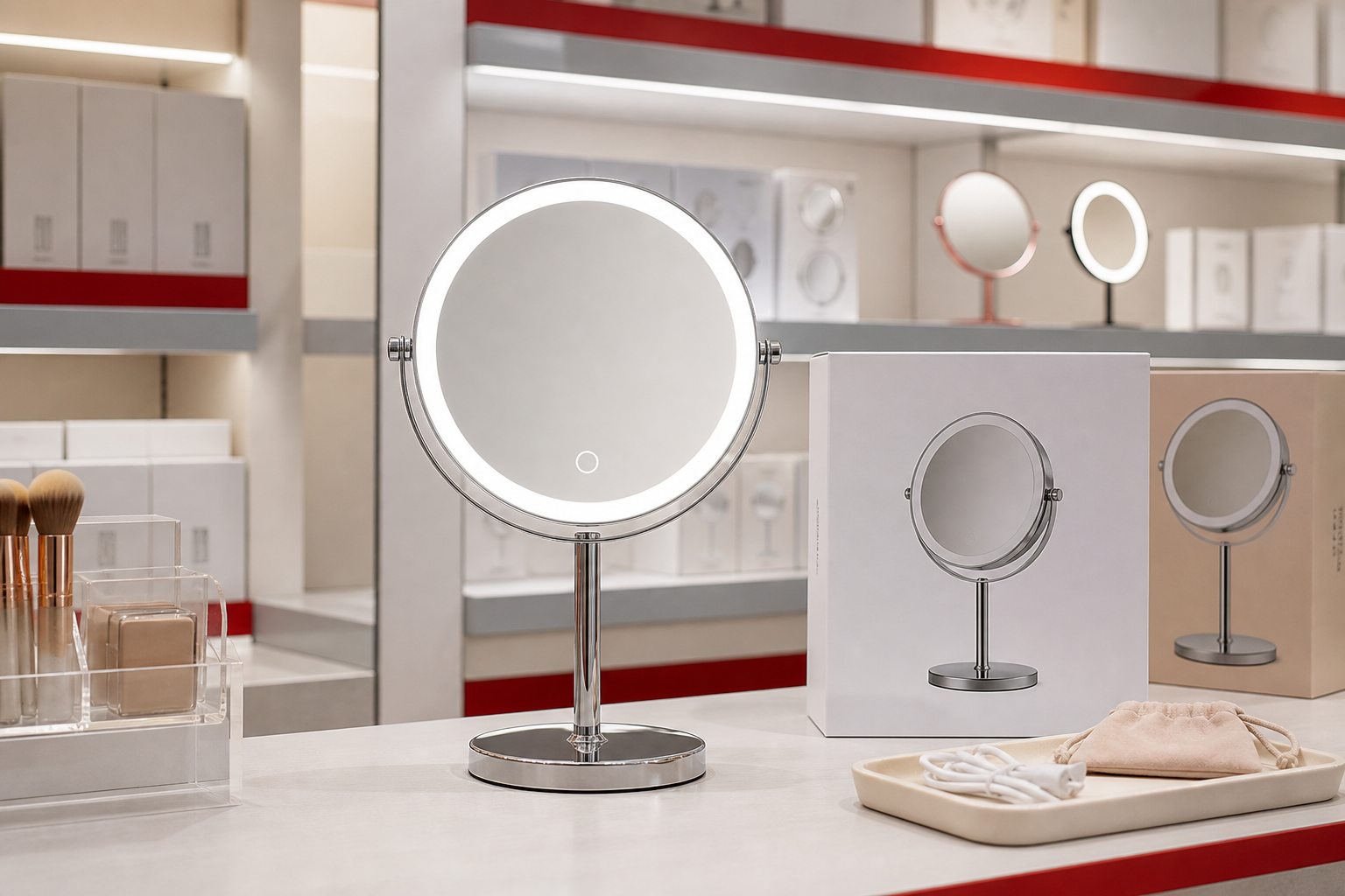 LED makeup mirror retail display planning cover with complete illuminated mirror retail shelf packaging boxes accessory tray and beauty retail fixture