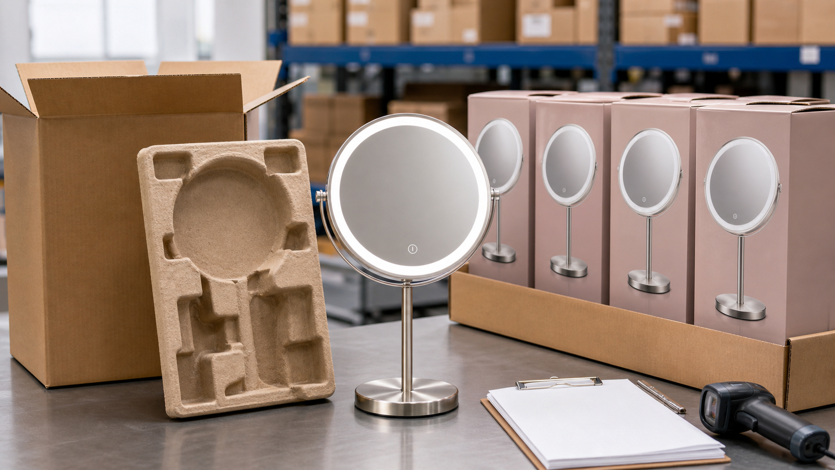 LED makeup mirror retail replenishment handoff with complete illuminated mirror protective molded insert retail boxes export carton and blank QC clipboard