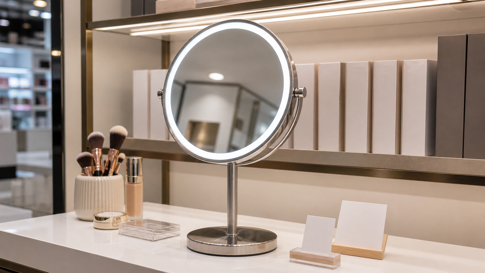 LED makeup mirror retail tester station with complete illuminated tabletop mirror boxed units and beauty retail counter