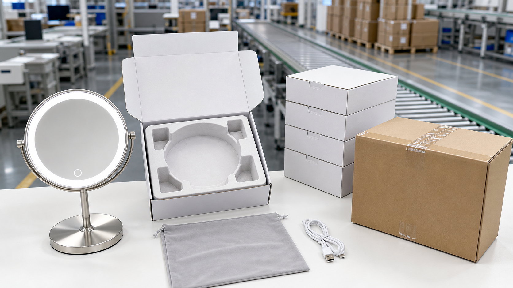 LED makeup mirror packaging and production release handoff with molded insert retail boxes and export carton