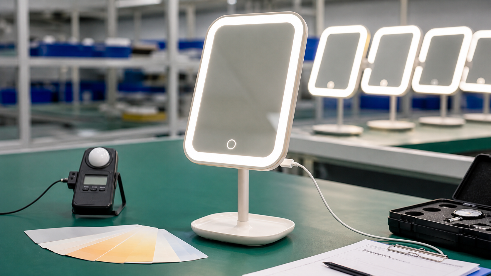 LED makeup mirror pilot run QC with lighting test USB-C charging and color reference cards