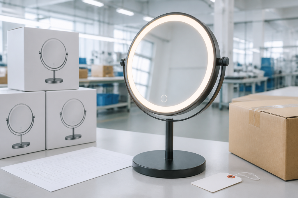 LED makeup mirror sample to mass production timeline cover with complete illuminated mirror packaging and factory release props