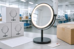 LED makeup mirror sample to mass production timeline cover with complete illuminated mirror packaging and factory release props