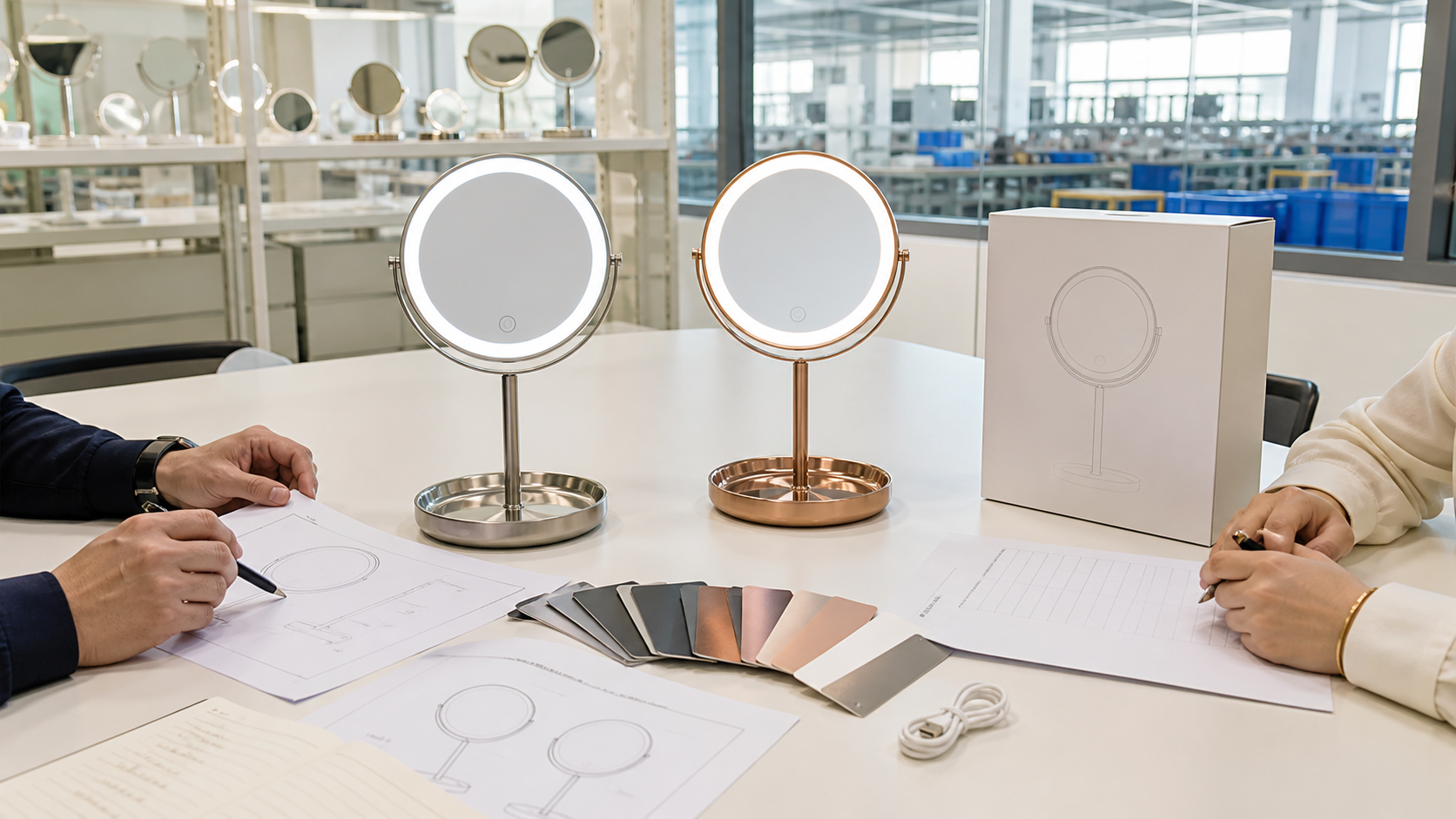LED makeup mirror sample approval meeting with variant samples specification sheets and packaging box