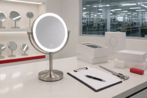 Reliable makeup mirror manufacturer factory capability review with complete illuminated LED makeup mirror samples packaging and QC props
