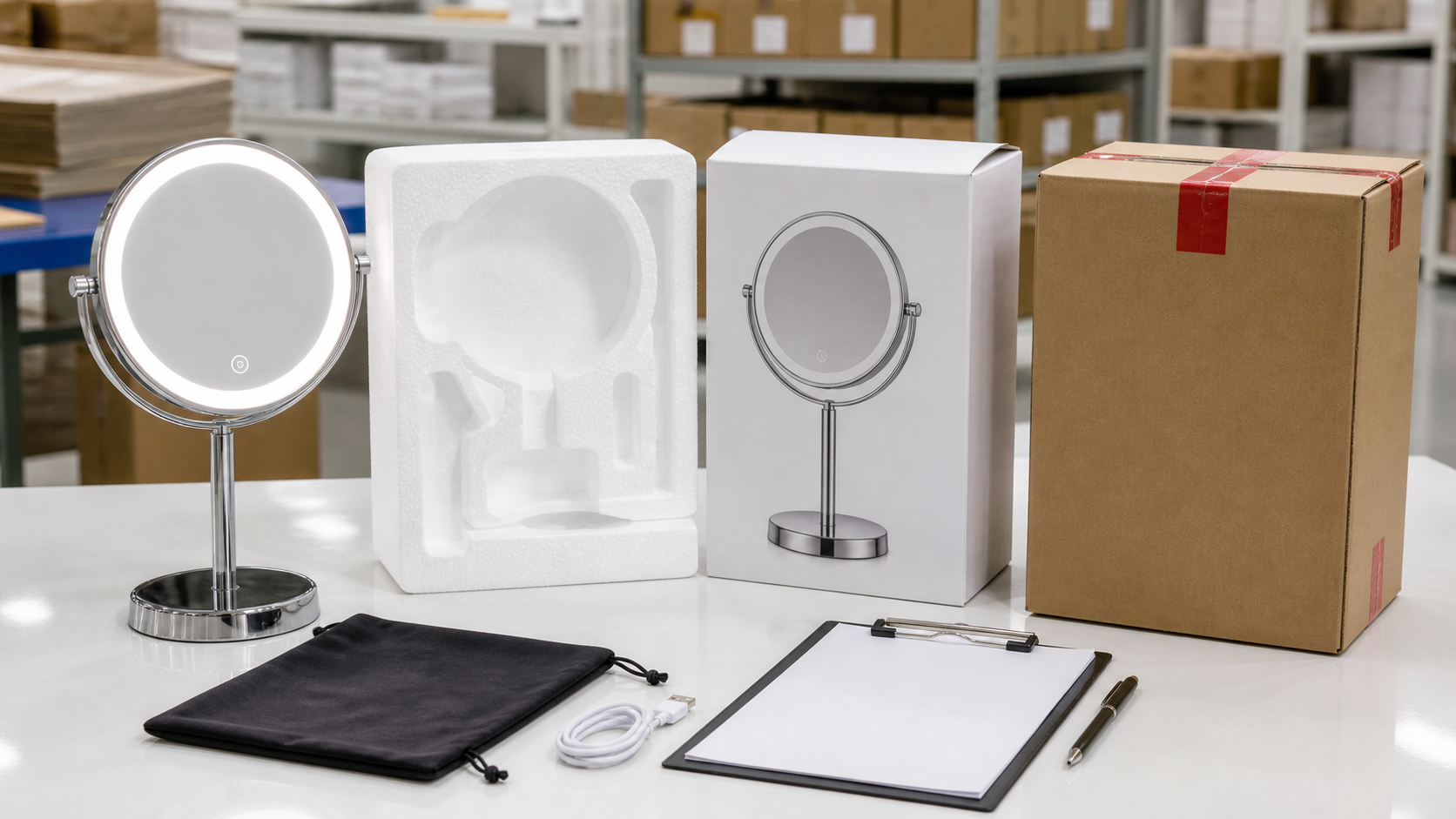 Reliable makeup mirror manufacturer packaging and delivery review with complete LED mirror molded insert retail box and export carton