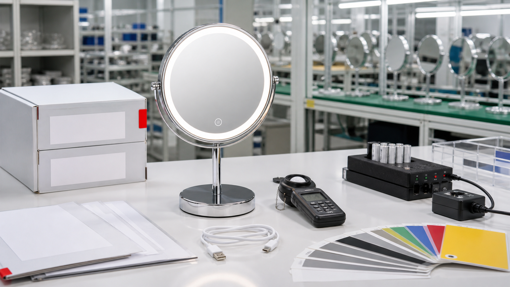 Reliable makeup mirror manufacturer QC and documentation review with illuminated LED mirror light meter USB-C cable and blank compliance folders