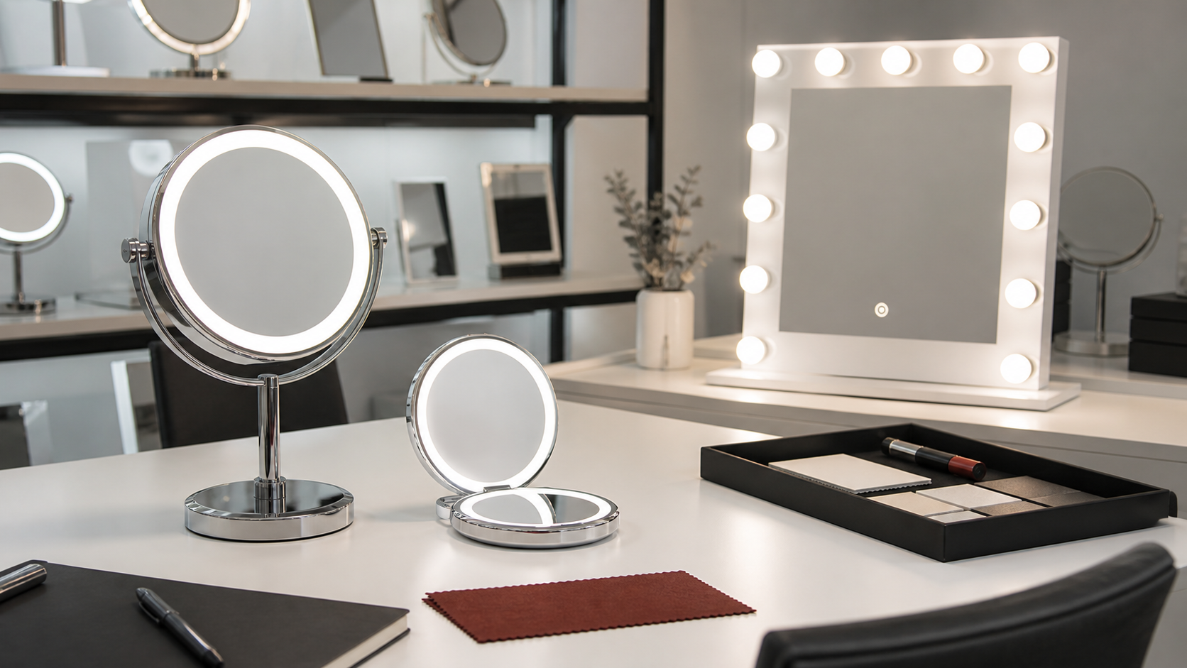 Makeup mirror manufacturer sample range review with LED tabletop compact and Hollywood vanity mirror products