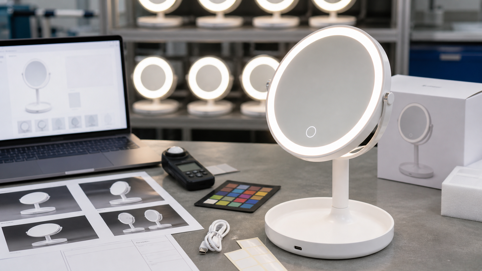 E-commerce LED makeup mirror listing and QC confirmation with complete illuminated mirror USB-C cable light meter and product proof sheet