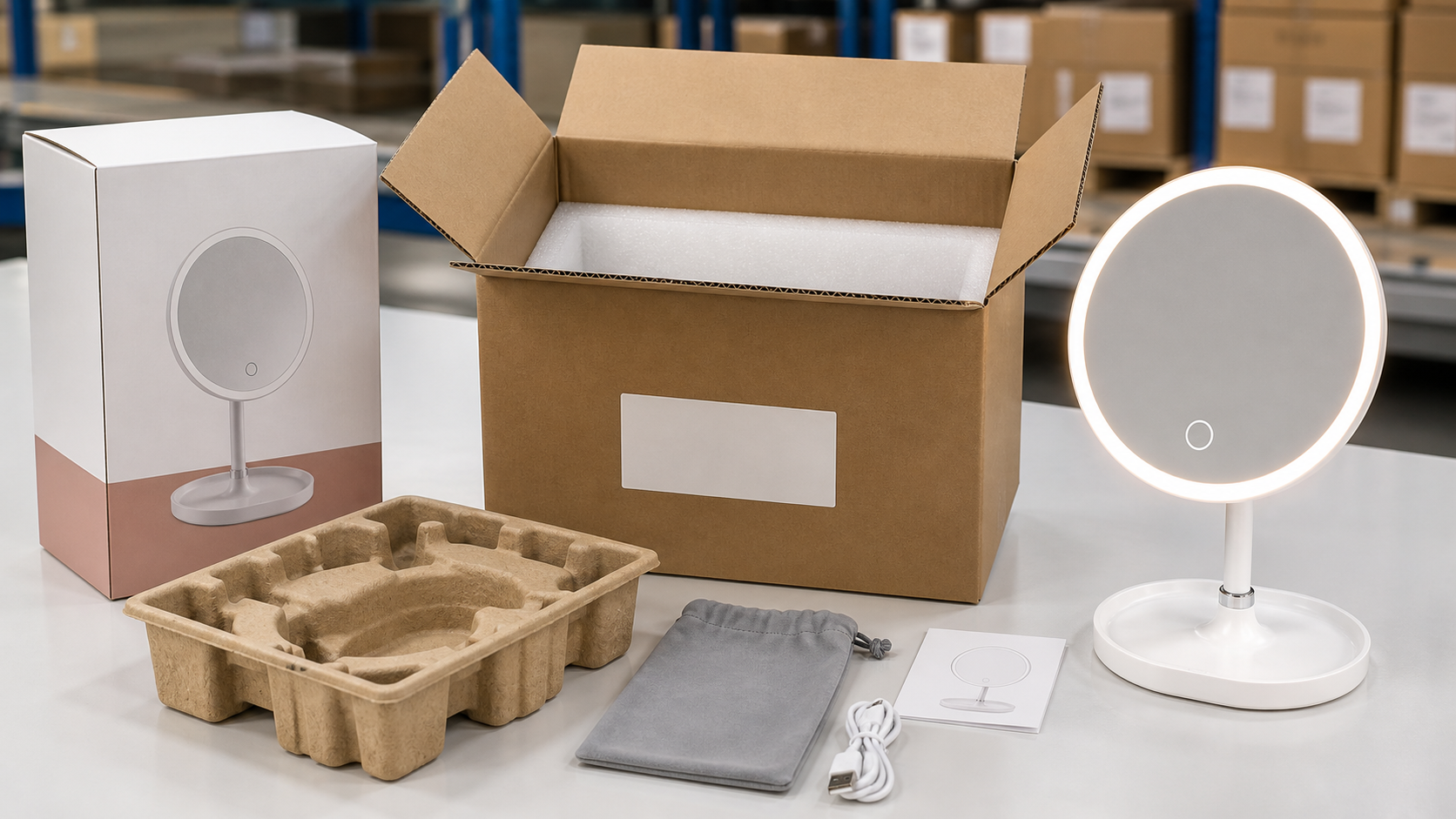 E-commerce-ready LED makeup mirror packaging approval with complete mirror protective insert retail box accessories and shipping carton