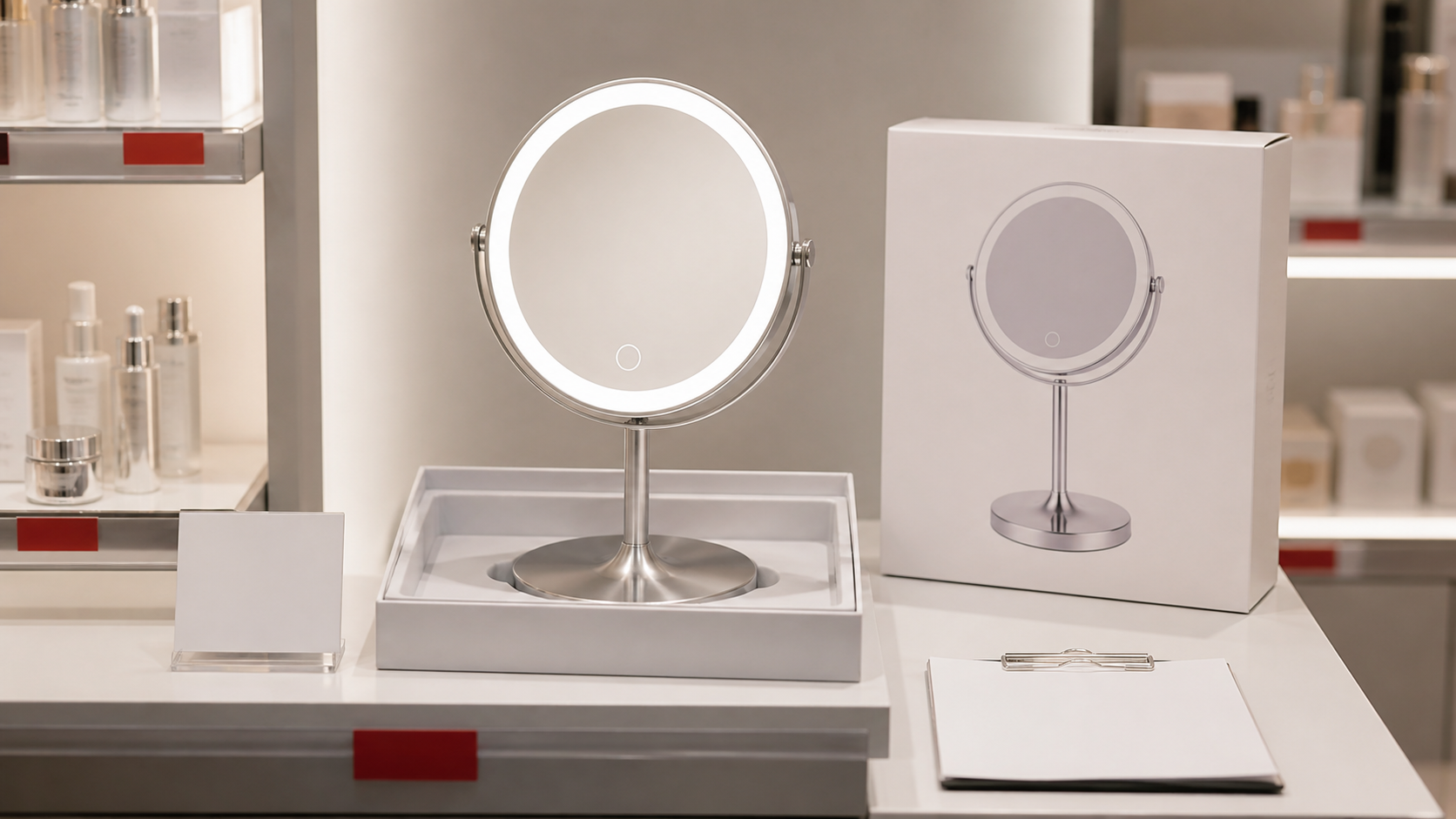 Retail-ready LED makeup mirror display approval with complete illuminated tabletop mirror retail box and shelf tray