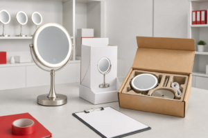 Retail vs e-commerce LED makeup mirror sourcing comparison with complete illuminated mirror retail display box and protective shipping carton