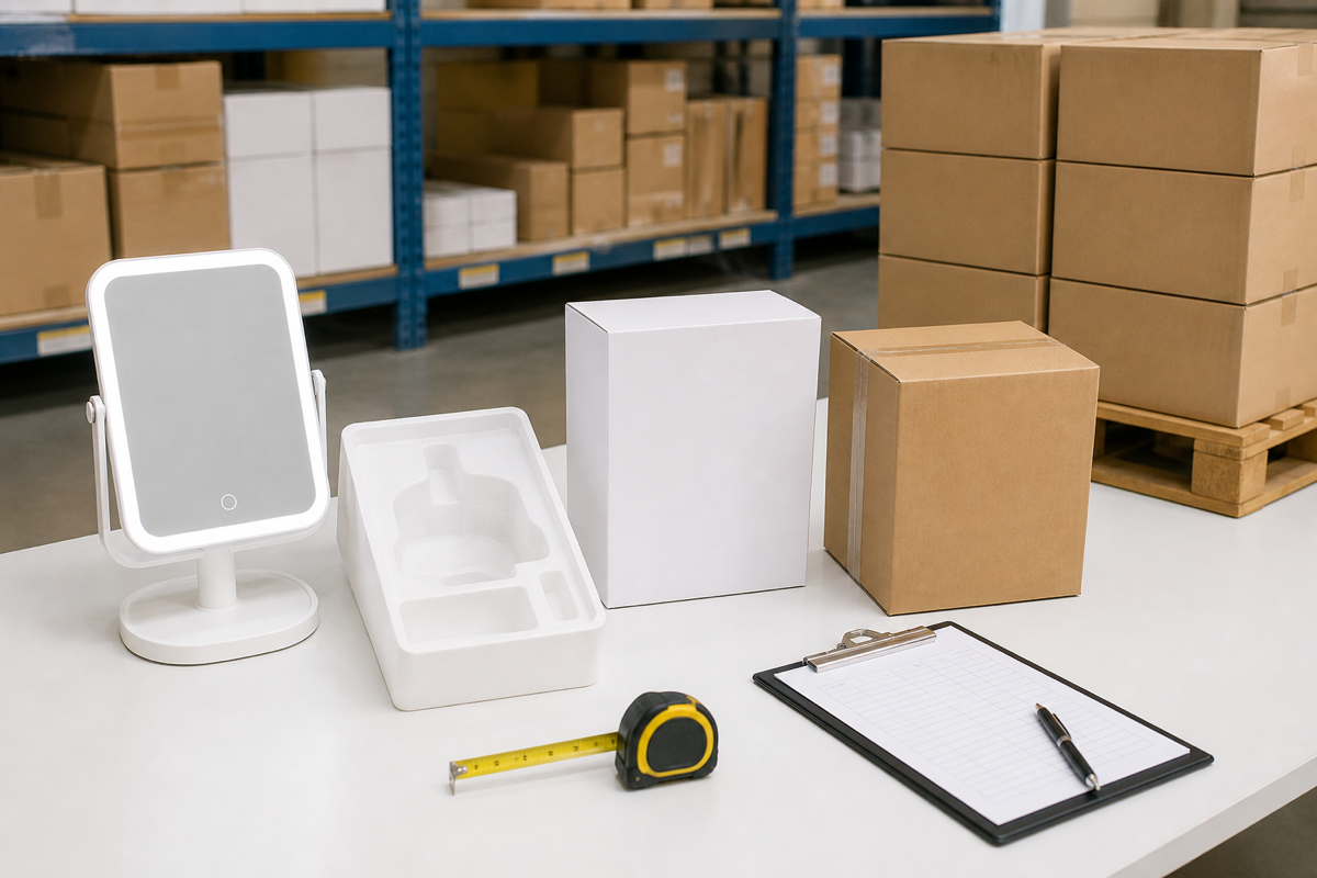 LED makeup mirror wholesale carton and pallet planning with complete mirror insert retail box and master cartons