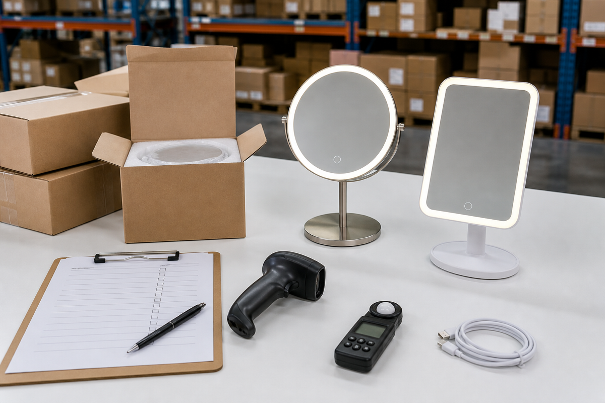Wholesale LED makeup mirror replenishment and receiving QC with complete mirrors barcode scanner light meter and cartons