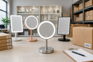 LED makeup mirror wholesale order planning with complete illuminated mirror assortment retail cartons and warehouse stock