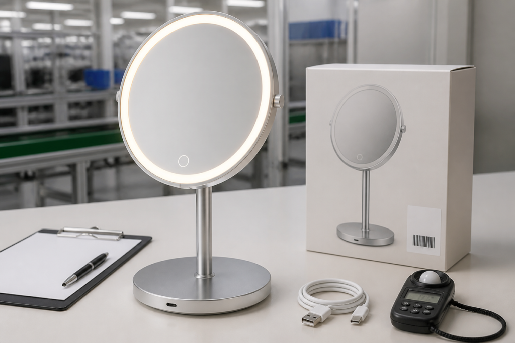 Rechargeable LED makeup mirror claim and label QC cover with complete illuminated mirror packaging barcode and inspection props
