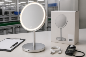Rechargeable LED makeup mirror claim and label QC cover with complete illuminated mirror packaging barcode and inspection props