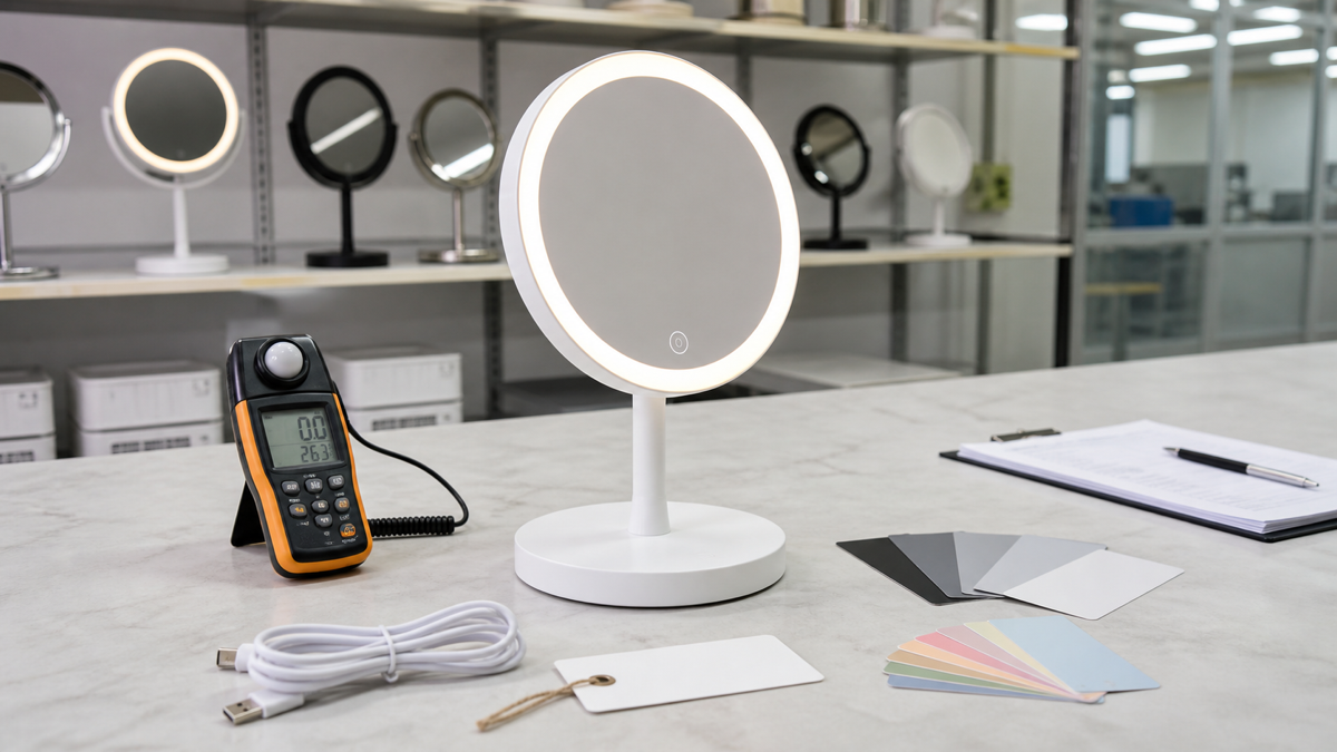 Rechargeable LED makeup mirror lighting and USB-C product claim QC with light meter and sample approval props