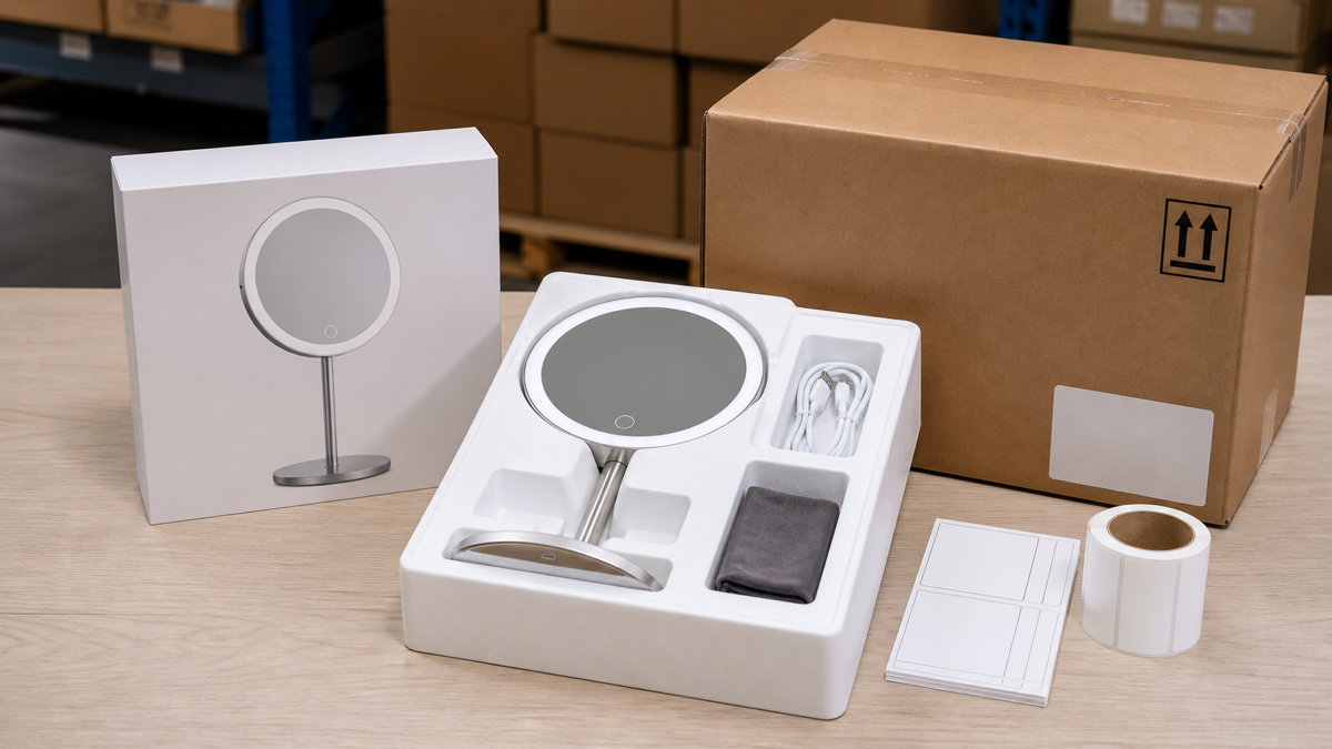 Rechargeable LED makeup mirror packaging and label approval with molded insert retail box carton and blank labels