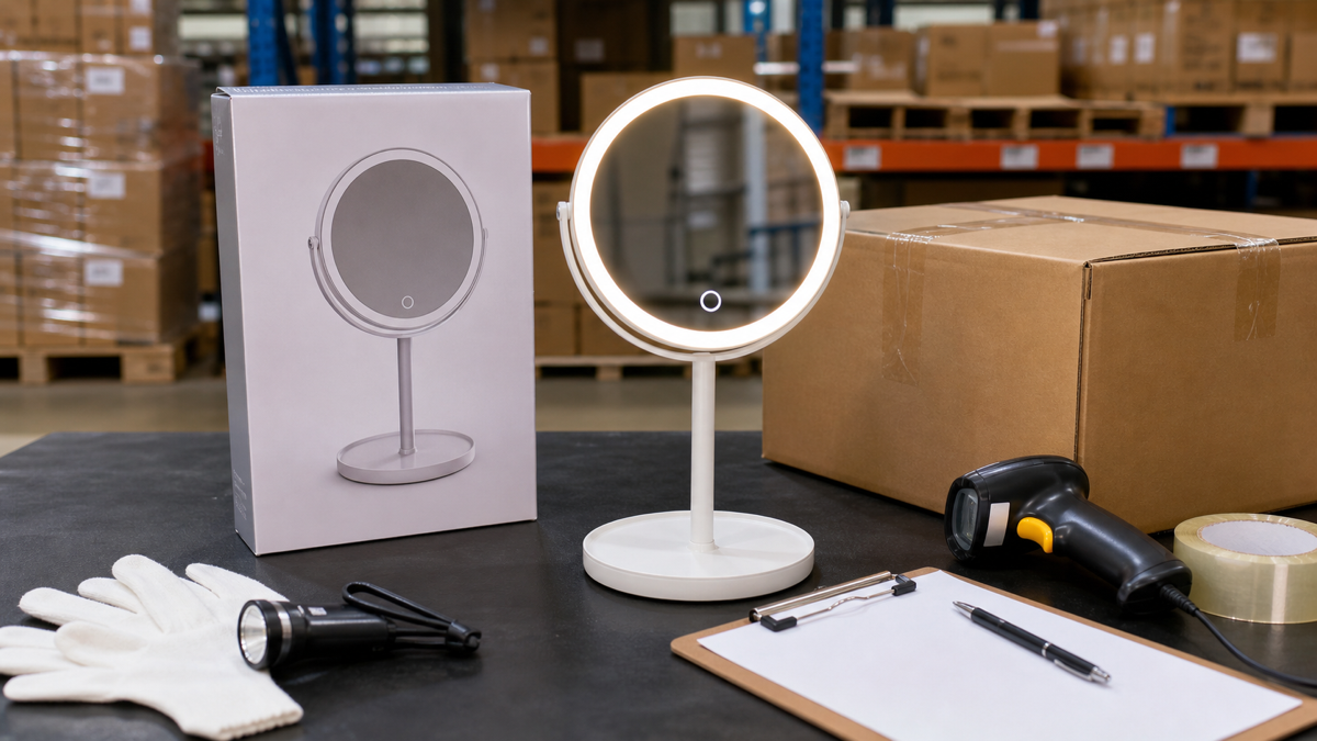 Rechargeable LED makeup mirror receiving QC with complete mirror retail box export carton barcode scanner and blank inspection sheet