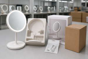 LED makeup mirror e-commerce damage prevention cover with complete rechargeable mirror molded insert retail box and shipping carton