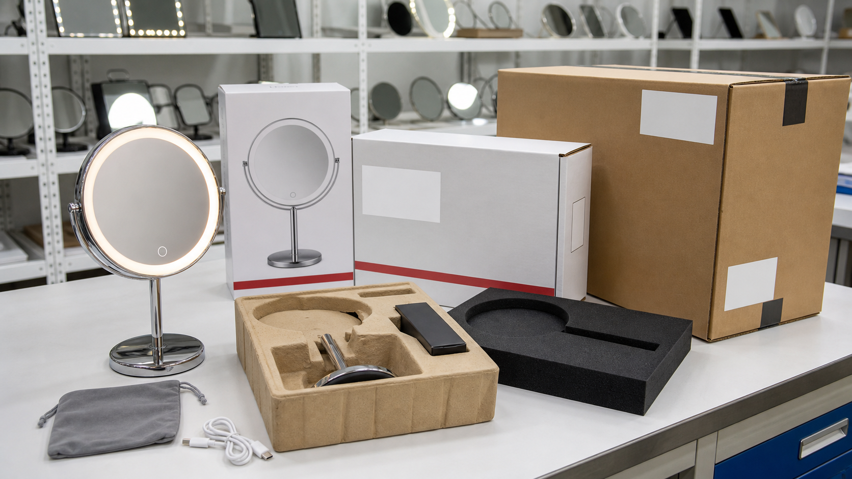 LED makeup mirror channel packaging planning with complete mirror retail box inserts and master carton