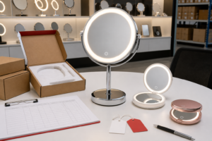 LED makeup mirror assortment planning for distributors with complete illuminated tabletop and compact mirror samples packaging and blank SKU tags