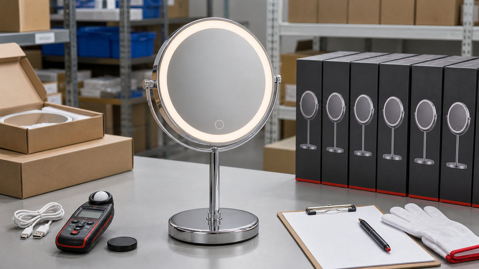 LED makeup mirror QC and replenishment planning with complete illuminated mirror inspection tools and boxed stock