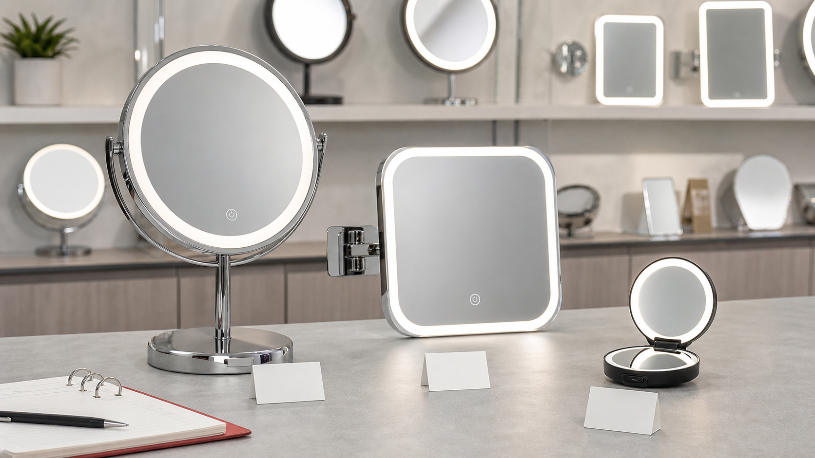 LED makeup mirror SKU assortment review with complete tabletop wall mounted and compact mirror samples