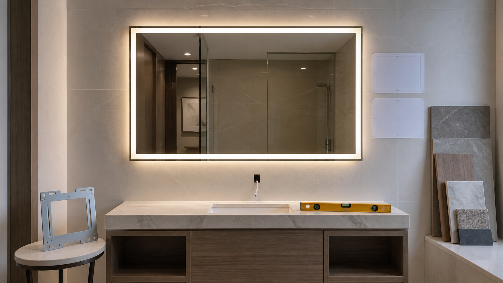 Hotel LED bathroom mirror installation dimension and mounting approval