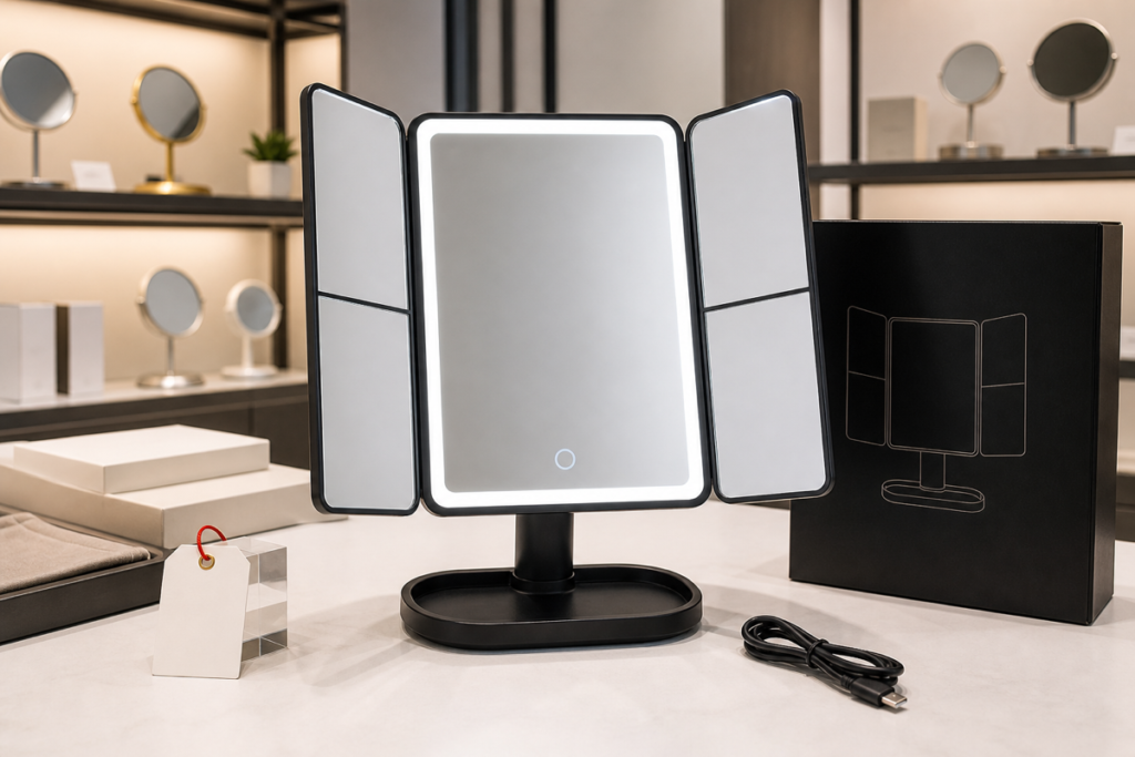 Tri-fold LED makeup mirror sourcing cover with complete illuminated tabletop mirror retail packaging USB-C cable and showroom samples