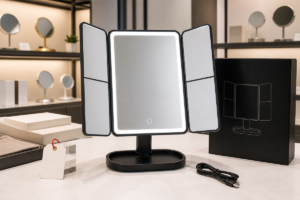 Tri-fold LED makeup mirror sourcing cover with complete illuminated tabletop mirror retail packaging USB-C cable and showroom samples