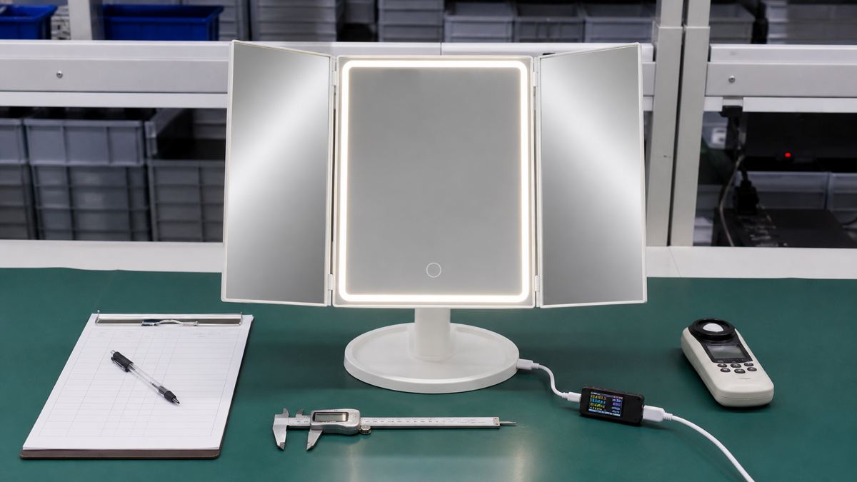 Tri-fold LED makeup mirror lighting hinge and USB-C charging QC inspection