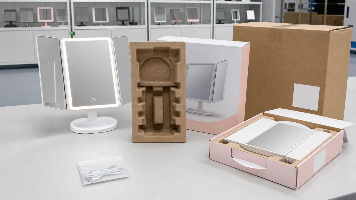 Tri-fold LED makeup mirror packaging approval with molded insert retail box and export carton