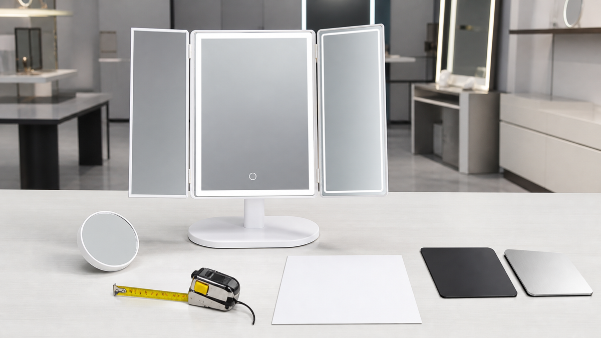 Tri-fold LED makeup mirror size and magnification sample review with measuring tools