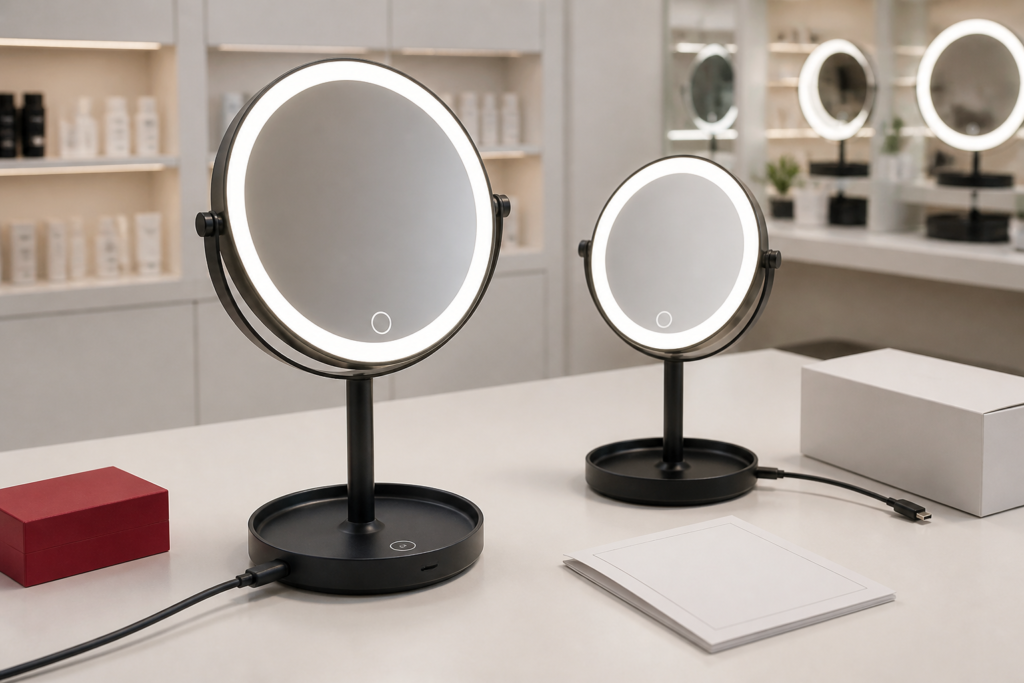 Dimmable vs fixed brightness LED makeup mirror sourcing comparison with complete illuminated tabletop mirror samples retail box USB-C cable and showroom props