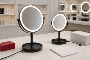 Dimmable vs fixed brightness LED makeup mirror sourcing comparison with complete illuminated tabletop mirror samples retail box USB-C cable and showroom props