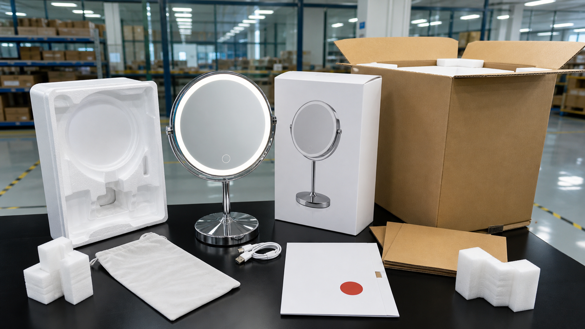 LED makeup mirror packaging and return cost review with complete illuminated mirror molded insert retail box export carton and accessories