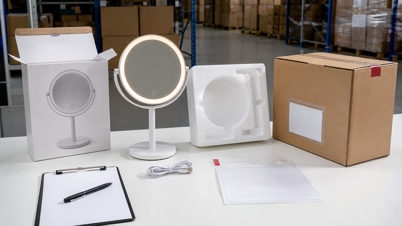 LED makeup mirror packaging and shipment documentation review with complete illuminated mirror molded insert retail box export carton and blank document pouch