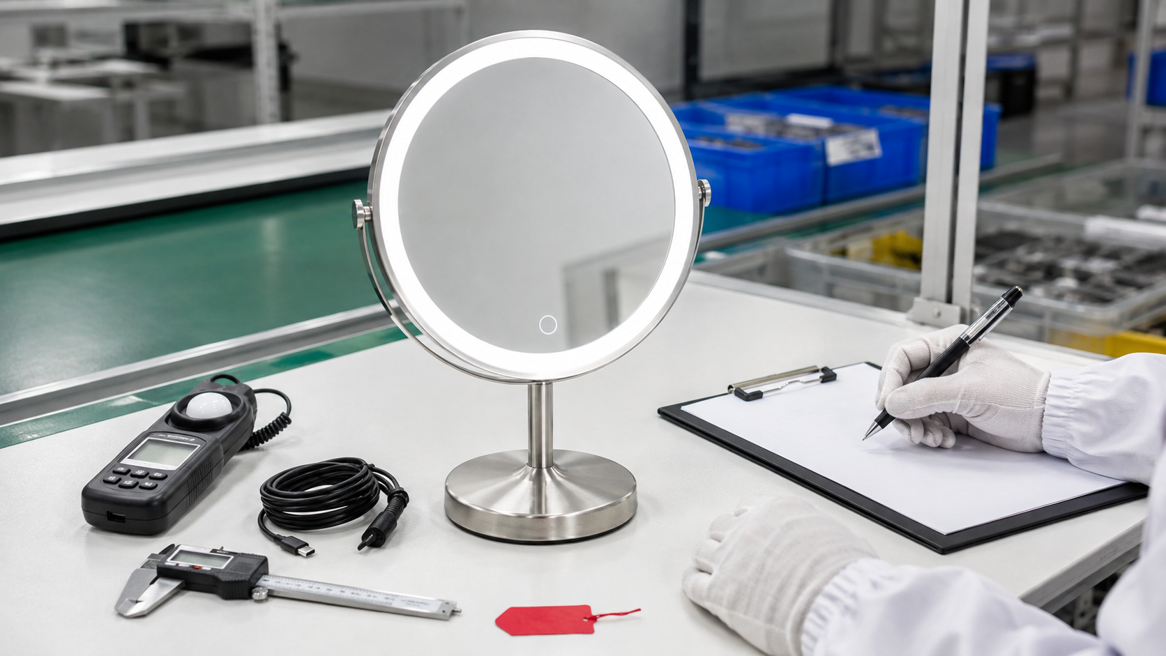 LED makeup mirror safety and lighting test report preparation with complete illuminated mirror QC tools and blank report sheets
