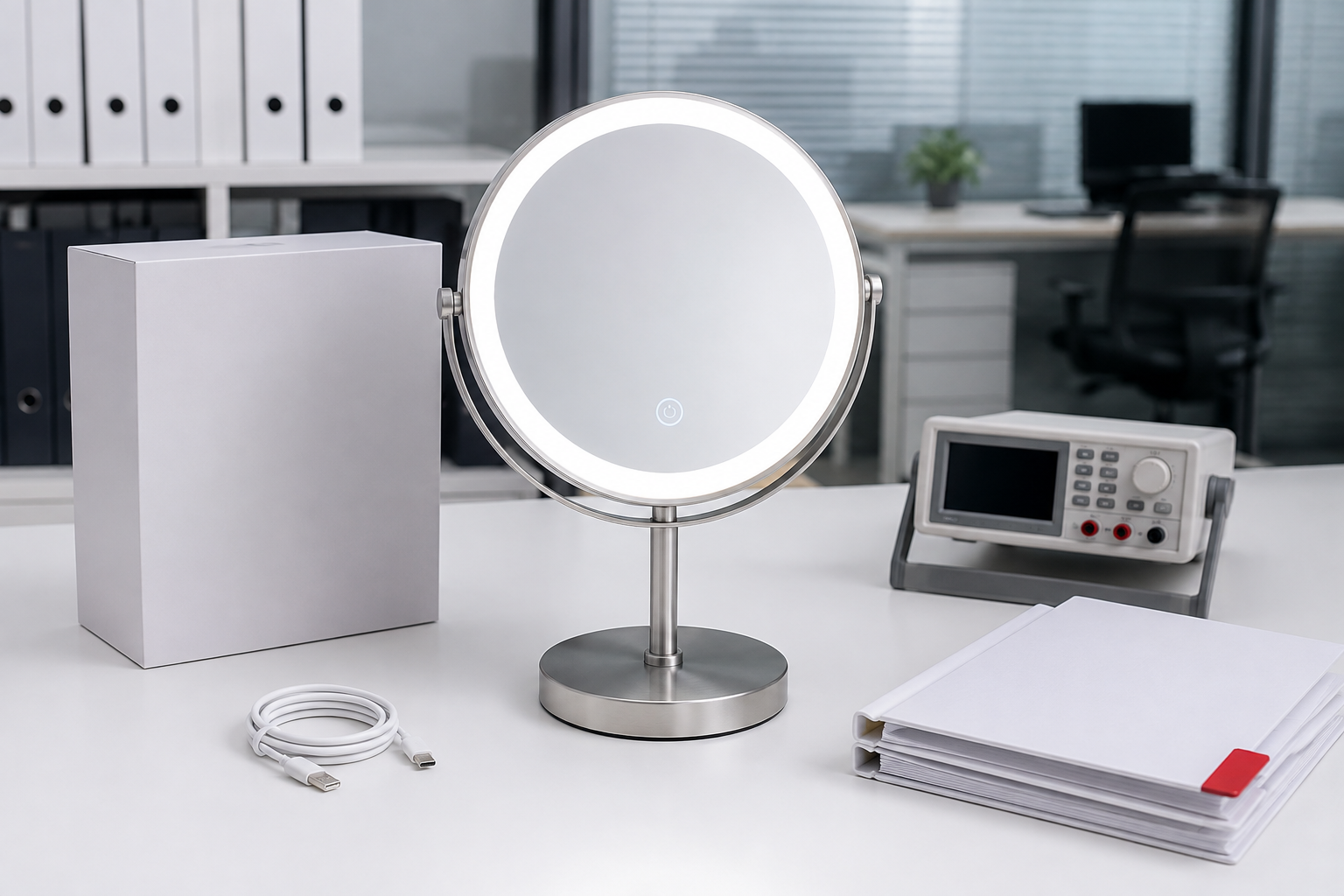 LED makeup mirror model number control cover with complete illuminated tabletop mirror compliance folders packaging and testing instrument
