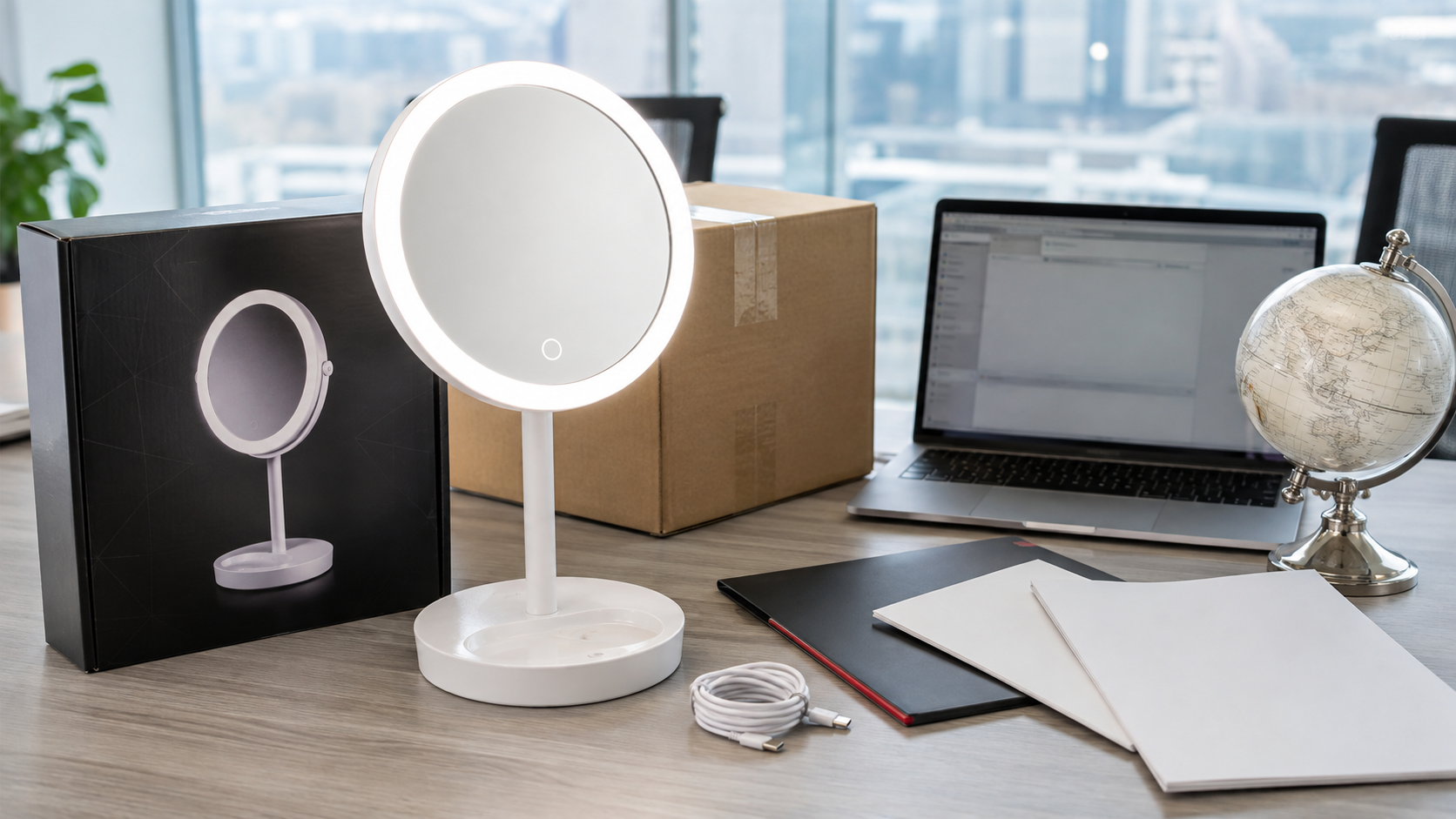 Rechargeable LED makeup mirror market document review with complete mirror retail packaging laptop blank folders and global sourcing props