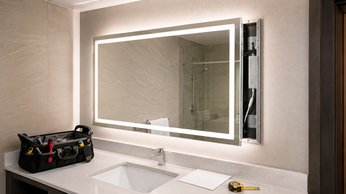 Hotel LED bathroom mirror maintenance access inspection with complete illuminated mirror side service panel and tool kit