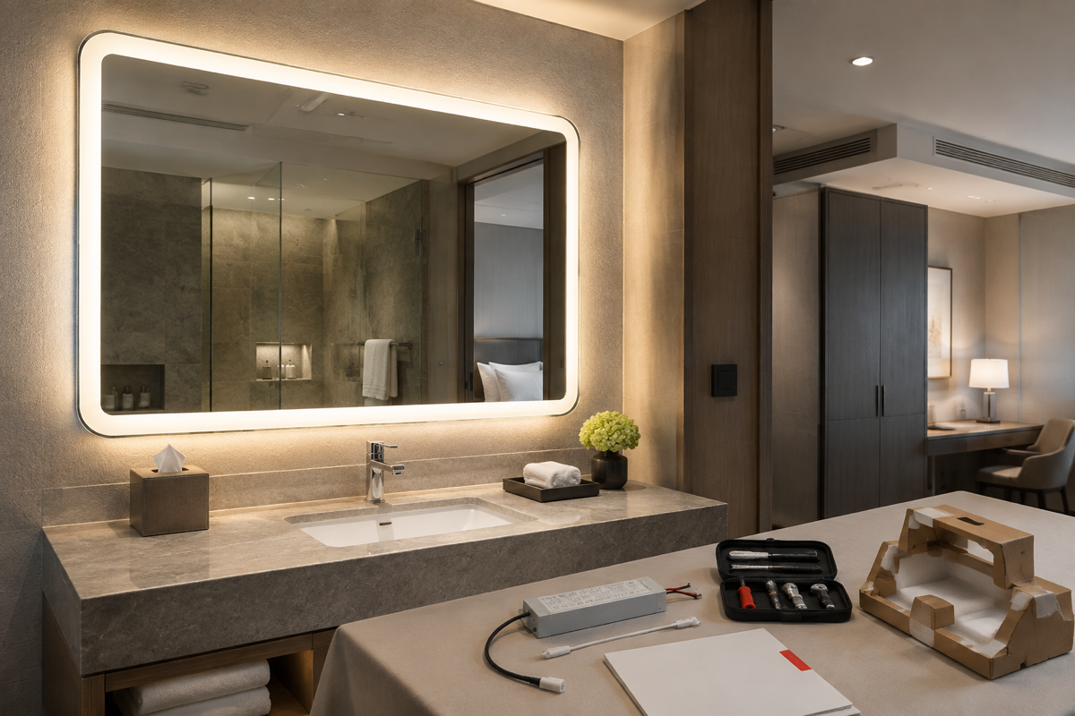 Hotel LED bathroom mirror maintenance plan cover with complete illuminated mirror spare driver toolkit packaging and project handover folder
