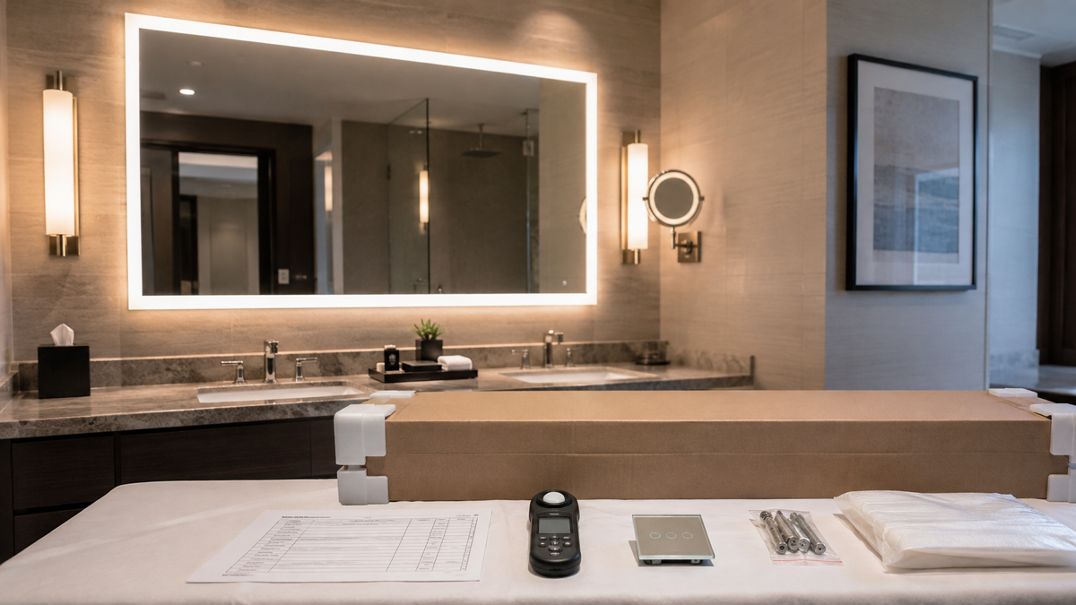 Hotel LED bathroom mirror project handover with complete illuminated mirror protected carton blank room schedule light meter switch panel and spare mounting hardware