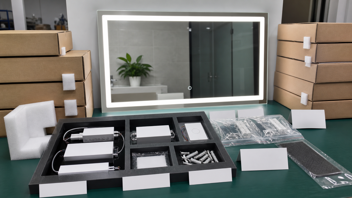 Hotel LED bathroom mirror spare parts kit with complete mirror sample blank labels sealed parts tray and protected cartons