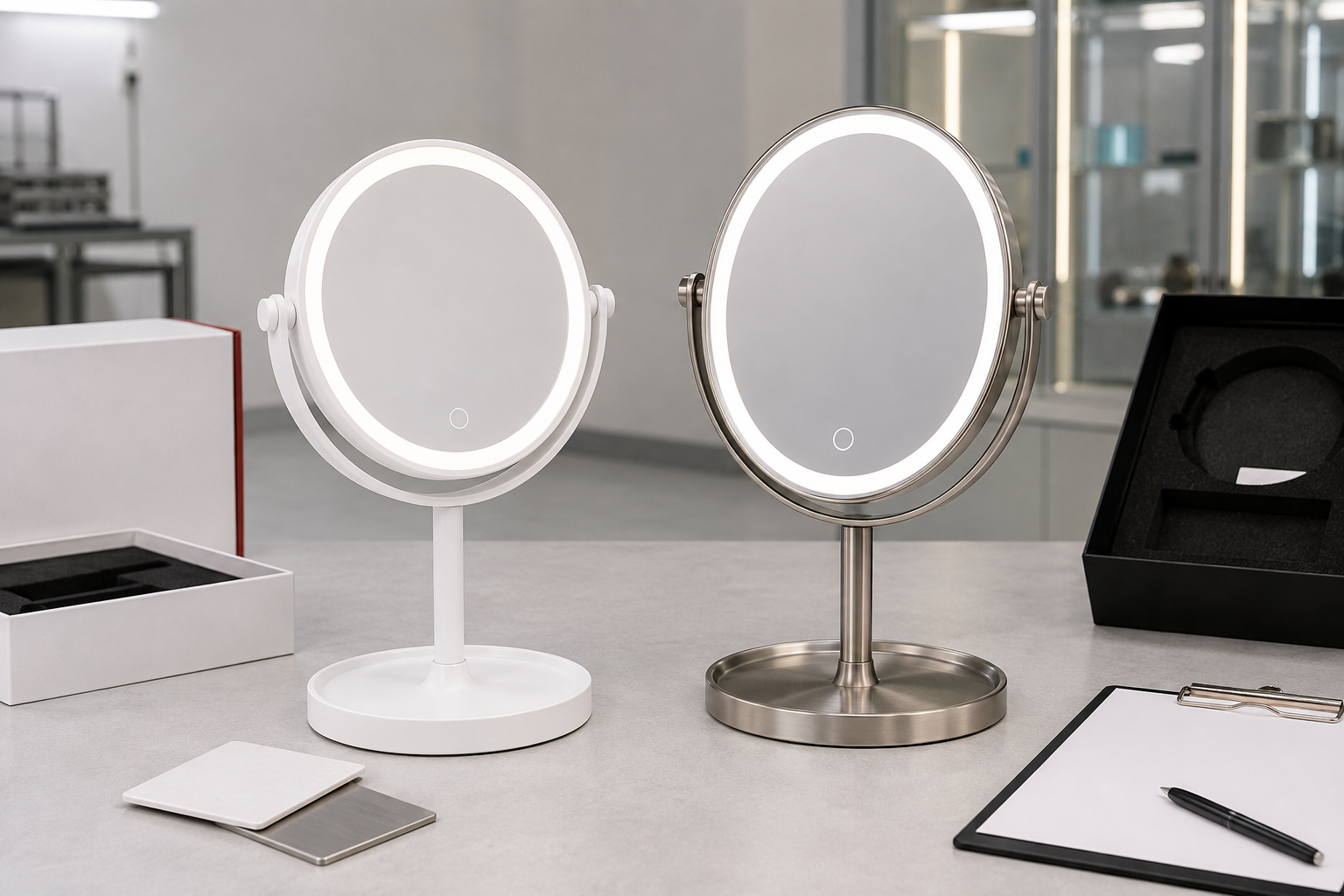 ABS vs metal LED makeup mirror frame comparison cover with complete illuminated tabletop mirrors material swatches packaging and QC props