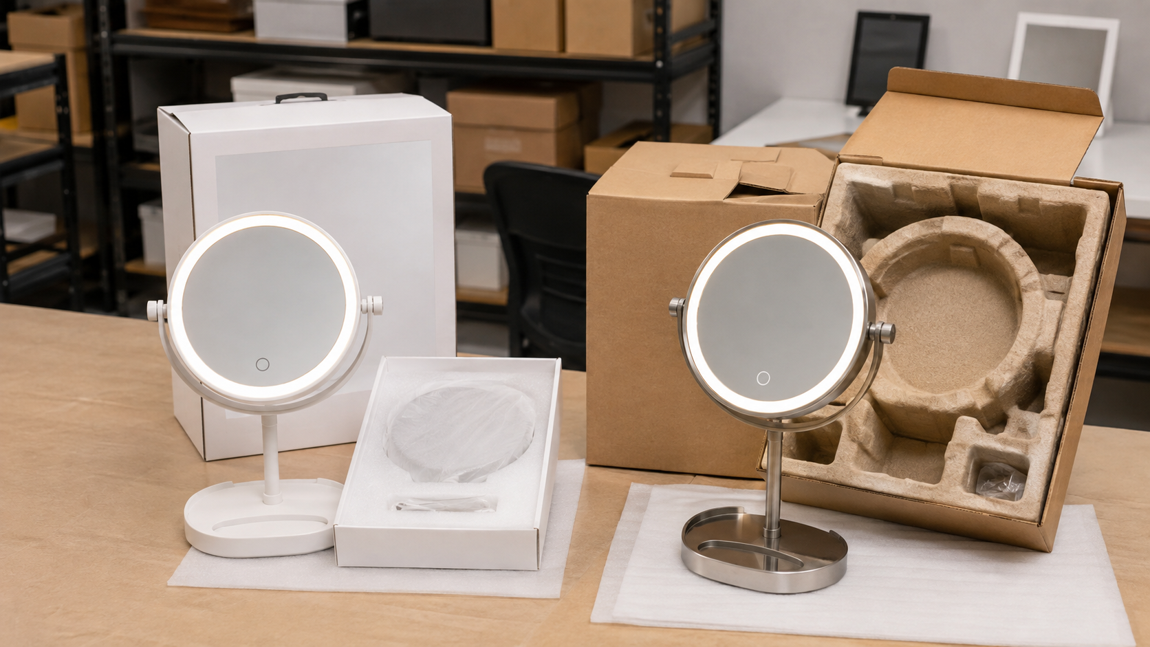 LED makeup mirror frame packaging approval with complete ABS and metal frame mirrors retail box molded insert export carton and blank labels