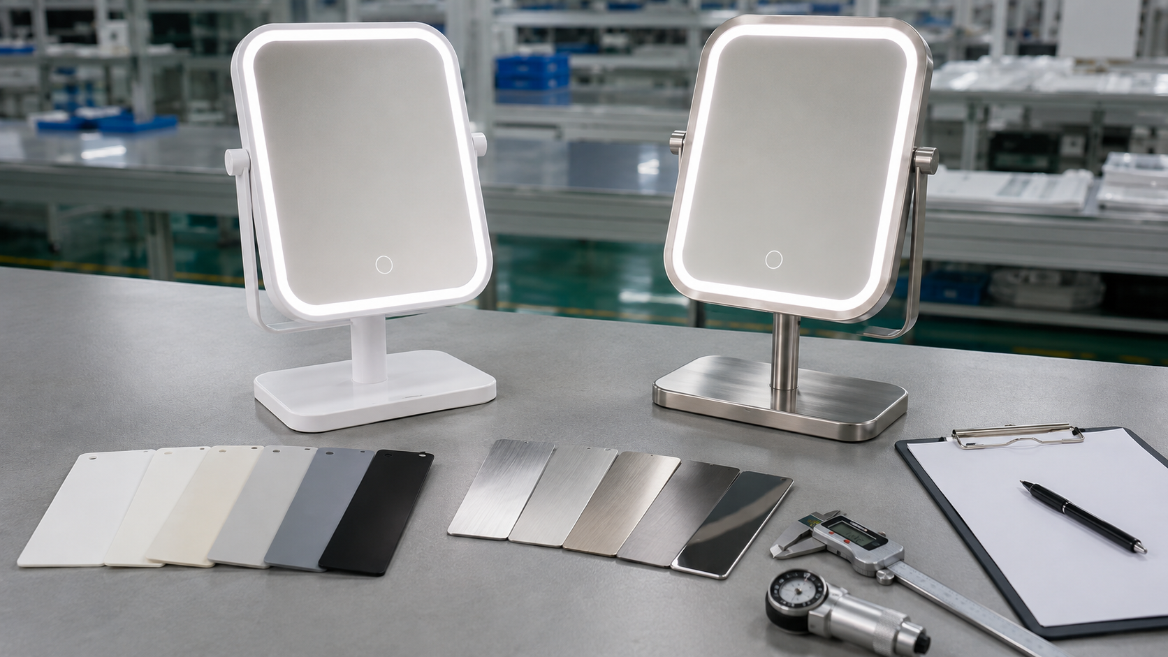 LED makeup mirror material and finish inspection with complete ABS and metal frame mirror samples swatches caliper and blank QC sheet